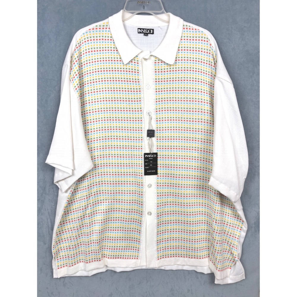 Inserch Mens 4XL Off White Rainbow Grid Knit Button Up Short Sleeve Shirt NWT